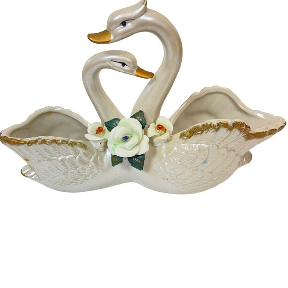 Love Swan Planter Vintage Silver Ceramic Two Decorative Charming 5.5"X2.5"